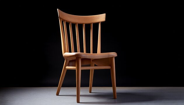 a wooden chair with a curved back and turned legs stands against a black background