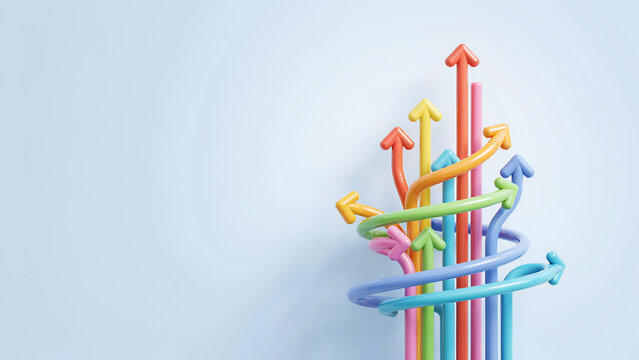 Abstract colorful 3D arrows rising upward concept with business direction performance strategy colorful progress development planning marketing increase analysis corporate improvement