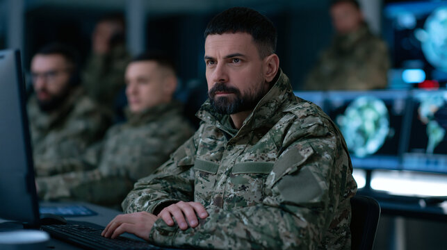 Military Intelligence Officer in Command Center: A determined military intelligence officer in camouflage uniform sits at a computer in a high-tech command center.