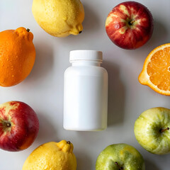 Naklejka premium Nutrition and wellness, white pill bottle surrounded by fresh fruits for dietary supplements and healthy lifestyle choices on a neutral background