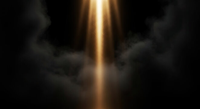 A radiant beam of golden light pierces through swirling dark clouds. The light source appears to be above, casting a dramatic and ethereal glow onto the misty background.