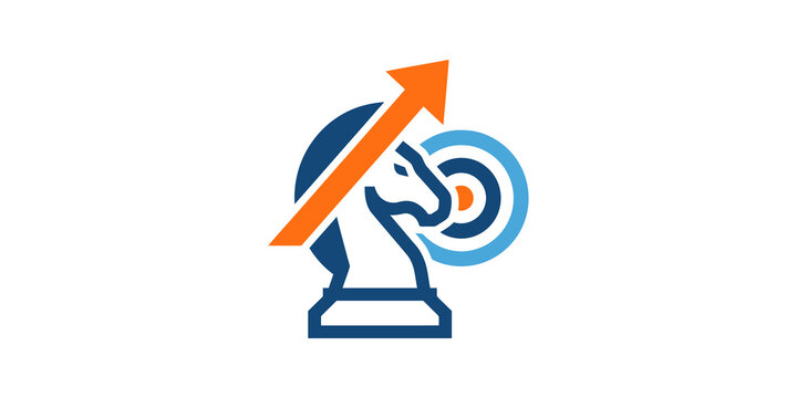 Strategy and success icon with horse chess piece and growing arrow.