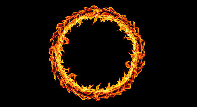 A vibrant, fiery circle of flames forms a frame around a dark space. The intense orange and yellow flames create a dramatic and dynamic visual effect.