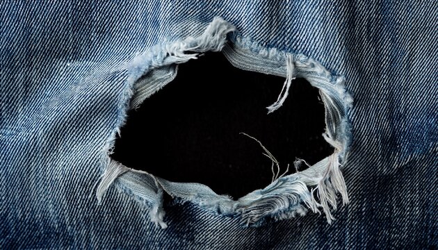 ripped denim texture with hole on black background
