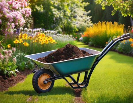 wheelbarrow filled with soil in a garden with blooming flowers