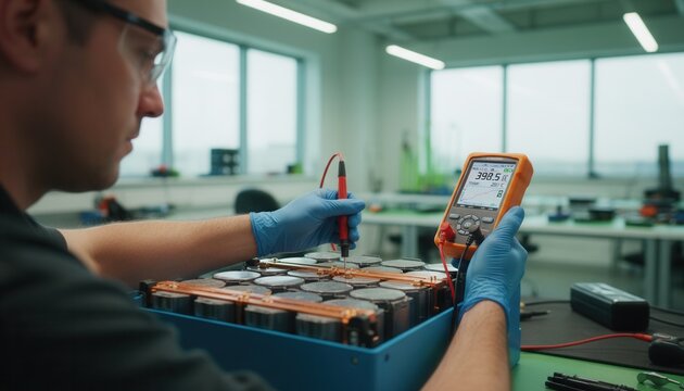 Technician diagnosing an electric vehicle battery module using a digital multimeter and testing probe in a clean workshop
