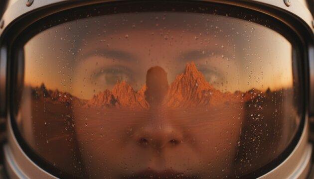 Astronaut helmet visor reflecting a stark orange toned Martian mountain range under a pale butterscotch sky for science editorial