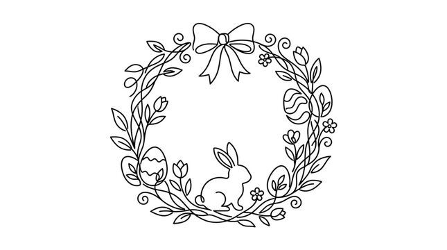 Easter wreath line art with bunny and eggs.