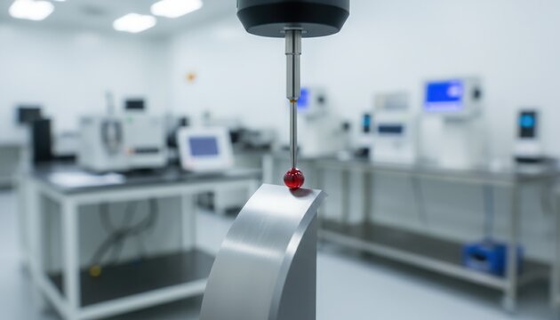 Precision coordinate measuring machine probe touching an aerospace turbine blade inside a bright metrology lab