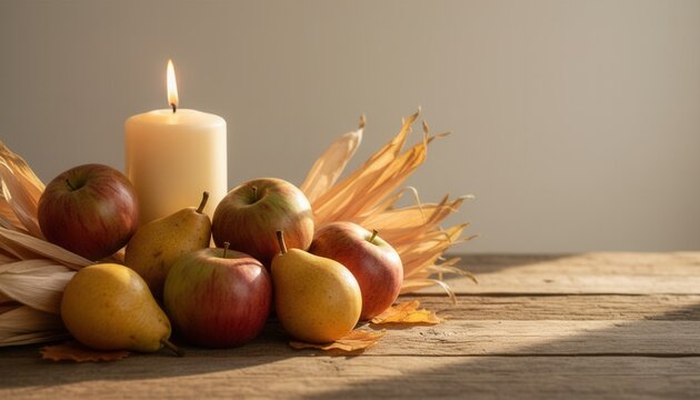 Autumn equinox still life composition featuring ripe heirloom apples yellow pears and corn husks with a pillar candle