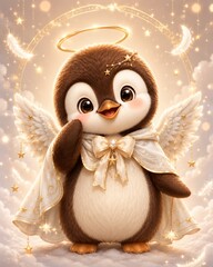 Obraz premium Adorable cartoon penguin character wearing white celestial cloak and golden halo