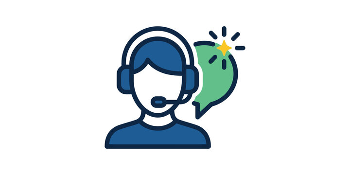 Customer support service agent with headset and speech bubble icon blue.