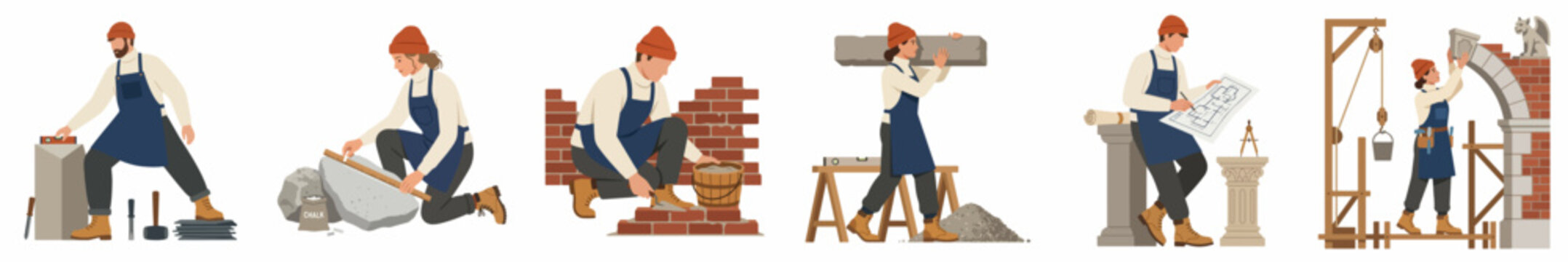 Set of illustrations depicting professional masons and construction workers engaged in traditional stone carving, bricklaying, and architectural planning on a white background.