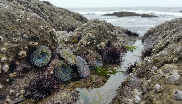 Rugged coastal tide pool filled with iridescent sea anemones and purple sea urchins encrusted on weathered rocks