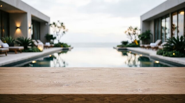 Wooden Table Top with Infinity Pool and Ocean View for Web Design
