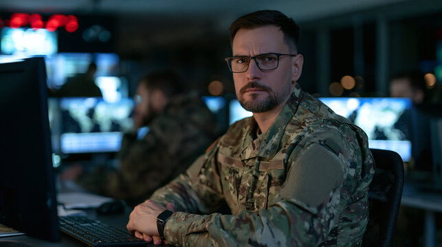 Military Surveillance Operative: A focused military operative in tactical gear and glasses sits in a dimly lit command center, surrounded by monitors displaying data.