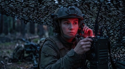 Obraz premium caucasian female soldier using tactical radio under camouflage netting in dark forest. red light illumination. military communication and defense concept. banner, website header.