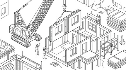Fototapeta premium Isometric Modular House Construction Line Art with Crane and Workers