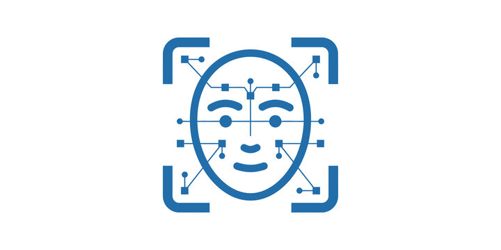 Facial recognition system scanning face with blue lines and dots.