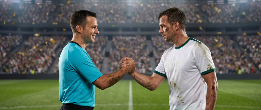 Referee and football player exchange respectful handshake on pitch. Concept of fair play, sportsmanship and trust in match officials.