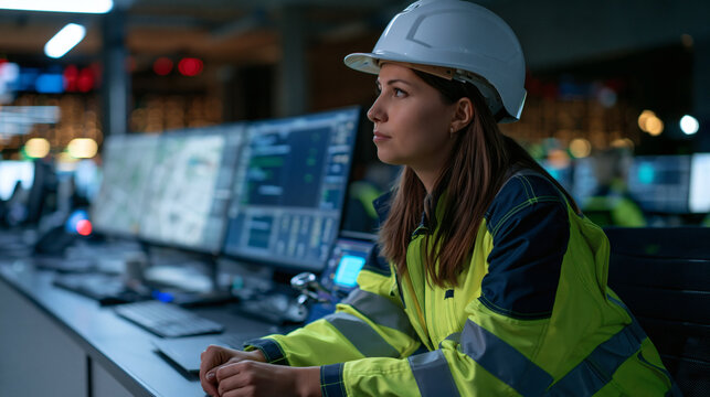 Focused Operator in Control Room: A determined female engineer in a white hard hat and high-visibility vest surveys multiple computer screens displaying complex data in a modern control room.