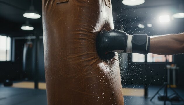 Heavy leather boxing bag swinging and absorbing the impact of a gloved fist under bright spotlights in a fitness gym