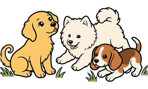 Cute cartoon puppies playing together isolated vector illustration