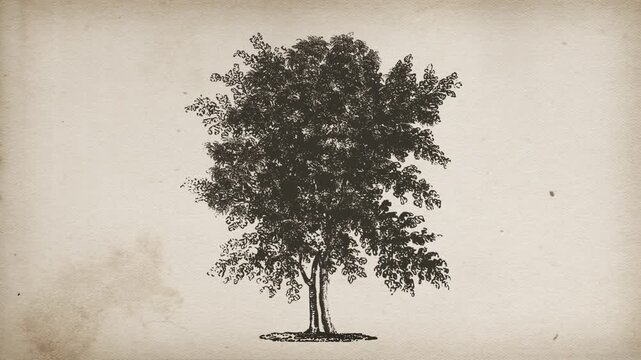 Vintage Retro Ink Drawn Tree On Old Paper Textured Background
Motion graphics made up of an elegant sketched sepia colored tree ink drawing with bend and wind effects on leaves