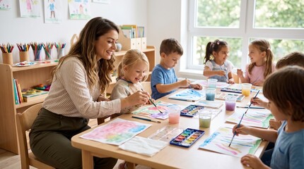 Obraz premium Teacher Guiding Children Watercolor Painting in Bright Art Classroom