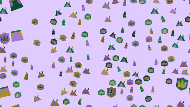 Pattern of crowns, mountains, and shields
