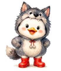 Fototapeta premium Adorable duckling in grey wolf onesie suit with red boots