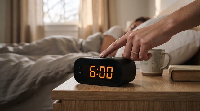 Person pressing snooze button on a digital alarm clock in the bedroom