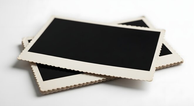 Stack of blank old instant photos on a clean white background