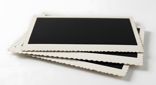 Stack of vintage blank instant photos on a white background
