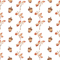 Watercolor Acorns and Autumn Branches Seamless Pattern PNG © Halyna