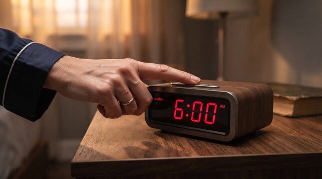 Person pressing snooze button on a digital alarm clock in the morning