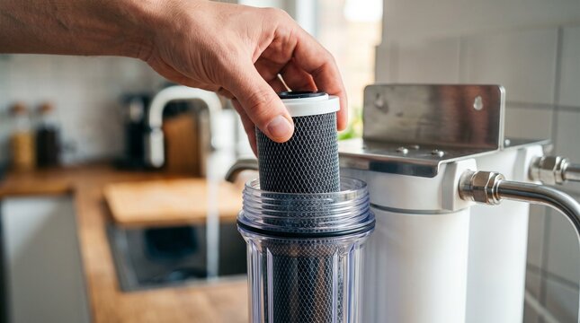 Man replacing water filter cartridge in a modern kitchen purification system