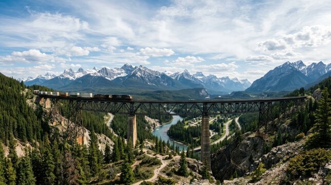 A freight train travels across a long, wooden trestle bridge high above a deep canyon. The bridge spans a winding river and lush green forest.