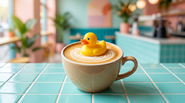 Rubber duck floating in coffee cup as playful breakfast concept
