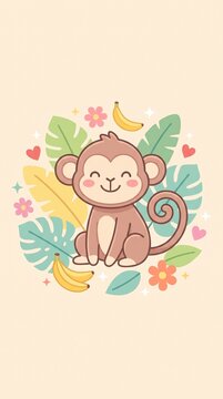 A cute smiling monkey sitting happily with a long curled tail, rounded ears, rosy cheeks, and a friendly expression, surrounded by tropical leaves, bananas, flowers, hearts, and sparkling stars.