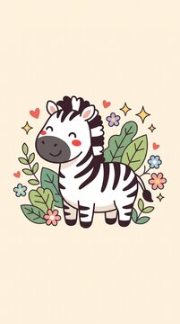 A cute smiling zebra standing happily with rounded black and white stripes, rosy cheeks, a fluffy mane, and a friendly expression, surrounded by small savanna leaves, flowers, hearts, and sparkling st