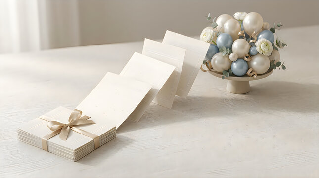 Stack of elegant blank wedding invitation cards with ribbon and pastel balloon bouquet on white