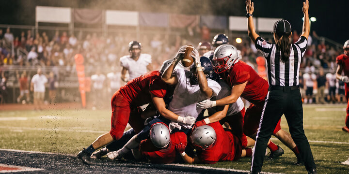 Players battle for loose football during tense scrum. Concept of recovery, conflict, pressure, teamwork, and competing for control in uncertain moments.