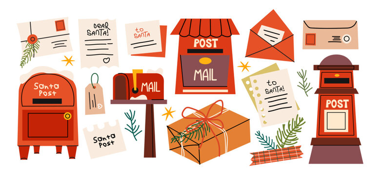 Christmas mail and holiday delivery stickers set in retro cartoon style. Red mailboxes, letters to Santa, envelopes, parcels, stamps and festive decorations