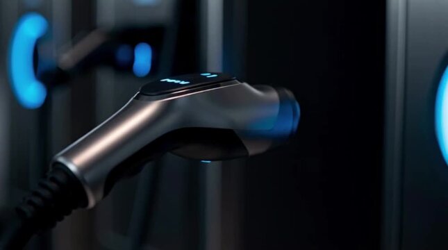 Electric vehicle charging station handle disconnects from the port in this close up digital motion footage showing sleek modern hardware glowing with bright blue LED light in a dark setting