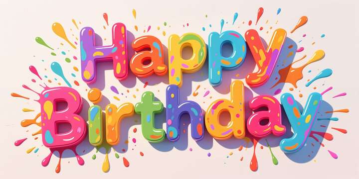 Vibrant, multicolored letters celebrating a birthday in a playful style with a light beige background and splattered paint effects.