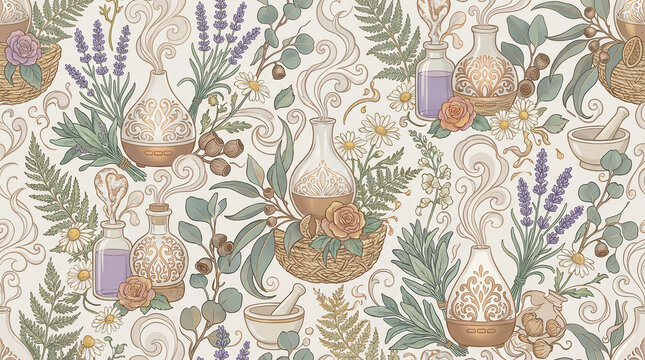 Aromatherapy essential oil seamless pattern with lavender chamomile eucalyptus and diffusers in soft pastel colors.