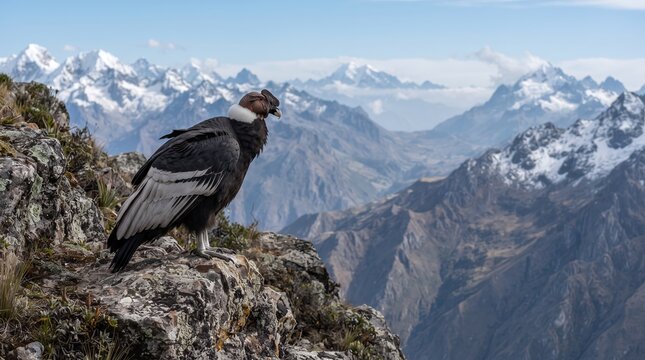 Majestic Andean condor perched on a rugged cliff overlooking a vast, snow-capped mountain range and deep valleys under a clear sky.