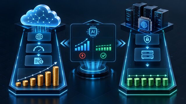 Virtual dashboard comparing cloud computing infrastructure against local server data centers highlighting cost analysis security protocols and performance metrics for enterprise technology