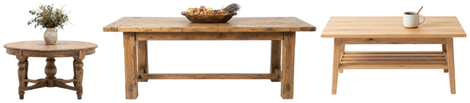 A collection of three wooden tables in rustic and minimalist styles with decorative tabletop accents.